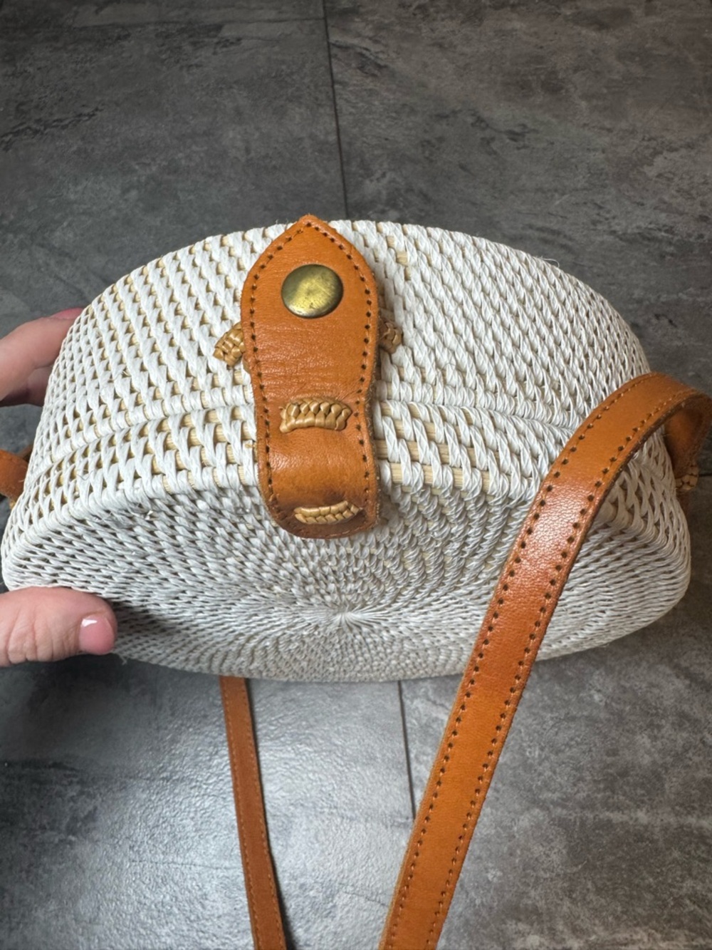 Straw Studios Cream Woven Round Handbag with Tan Leather Accent